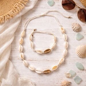 Boho Cowrie Shell Necklace & Bracelet Set – Adjustable – Beachy Chic